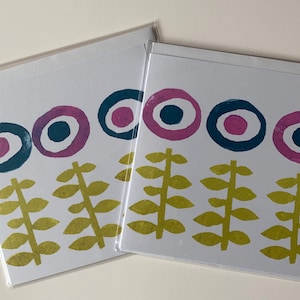 Biglietti di auguri in stile retrò anni '1960 /'70, orla Kiely e ispirato al modernismo scandinavo, rosa, blu, 12,5 cm x 12,5 cm, confezione da 2 con buste