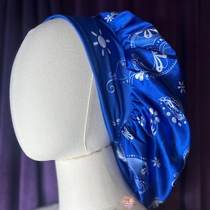 Double-Layer-Wende-Blau Bandana-Haarhaube mit Reißverschluss-Schließen_Satinnachthaube_Sleepwear