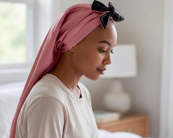 Long Double Layer Satin Hair Bonnet: Adjustable Silky Reversible Sleep Cap with Stretchy Ties.
