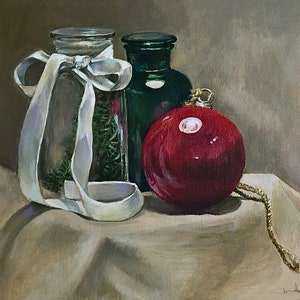 Christmas Ball Still Life, wall art,bottles and ribbon,wall decor