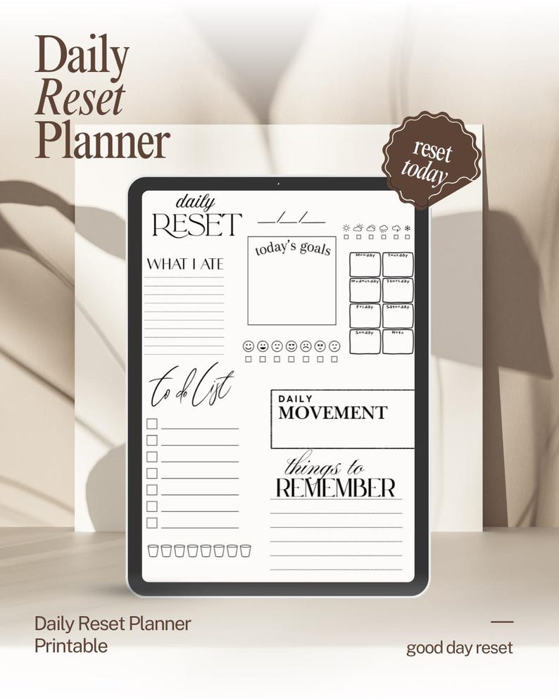 Daily Reset Planner Printable | Minimalist Planner, Productivity & Self ...