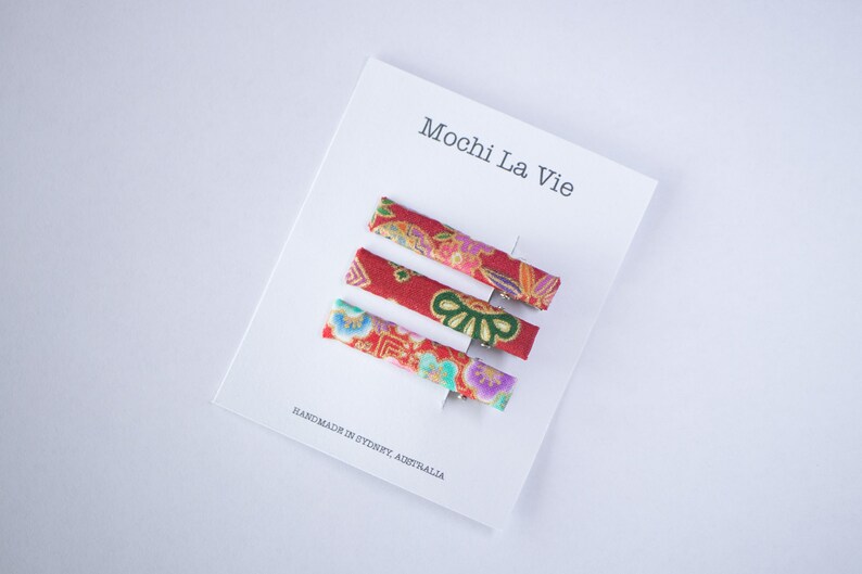 Bar Clips Set of 3 Toddler Baby Hair Clips Toddler Baby Fringe Clips Assorted Red Clips with Elegant Japanese Print Clips for Girls