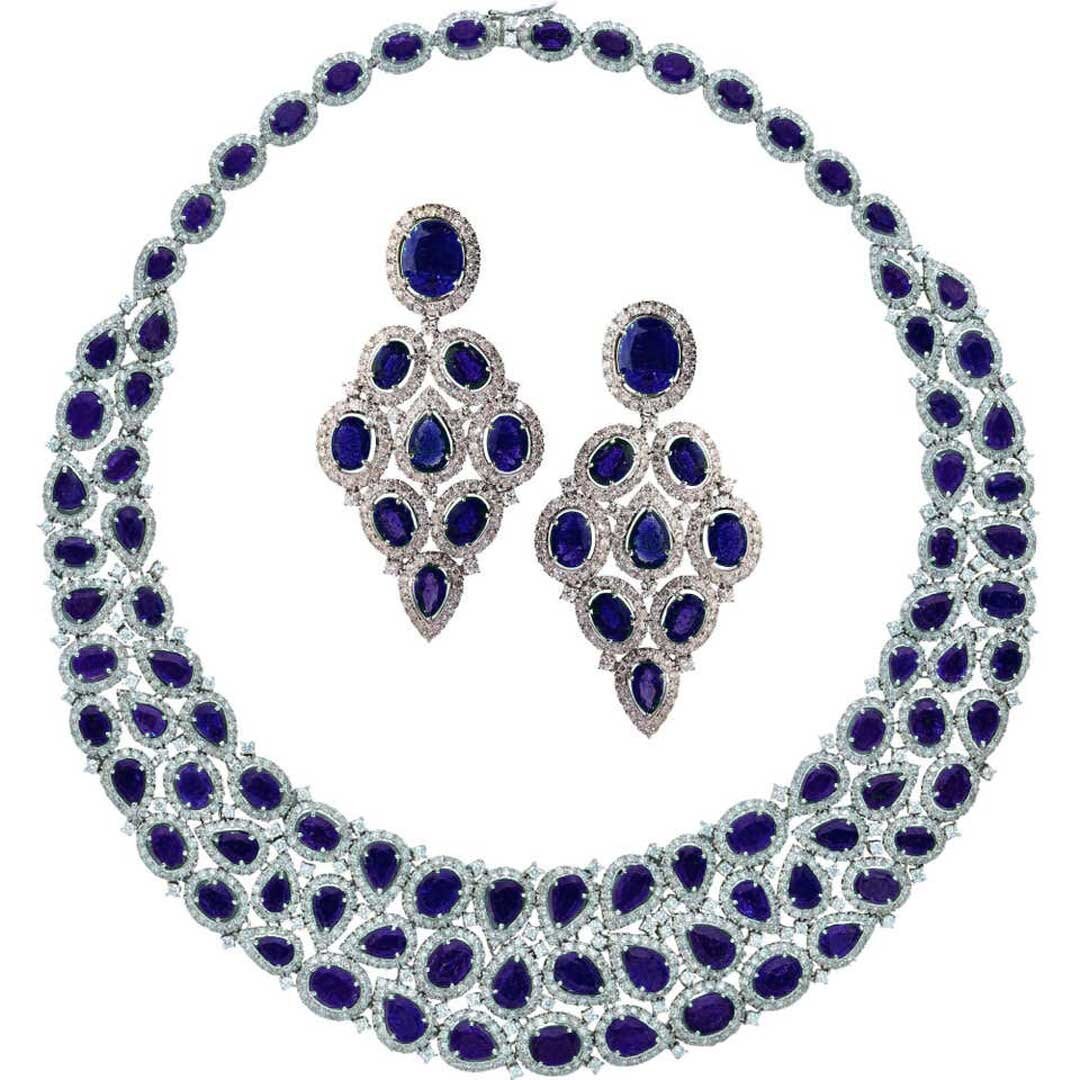 Blue Sapphire Necklace Earrings Set-925 Sterling | Etsy