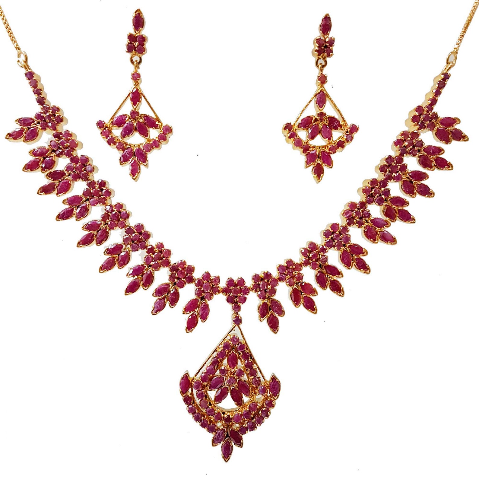 Ruby Necklace And Earrings Set-925 Sterling Silver-Gold Coated | Etsy