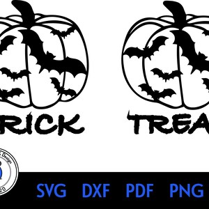 May include: Black and white silhouette of two pumpkins with bats flying around them. The text "Trick" is below the left pumpkin and "Treat" is below the right pumpkin.