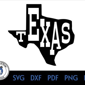 May include: Black and white silhouette of the state of Texas with the word "TEXAS" written in white letters across the state.
