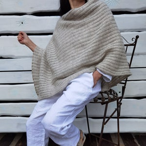 Wool shawl Knitted poncho Elegant shawl Wrap for Women Woolen shawl Knit wrap Off white shawl Handmade Wool cape Chunky image 1