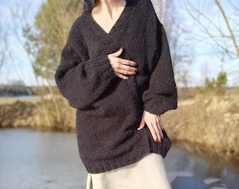 Mohair Long Cardigan / Suéter de punto a mano / Color Negro