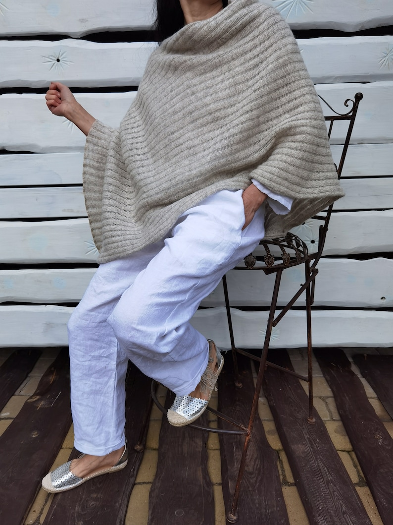 Wool shawl Knitted poncho Elegant shawl Wrap for Women Woolen shawl Knit wrap Off white shawl Handmade Wool cape Chunky image 1