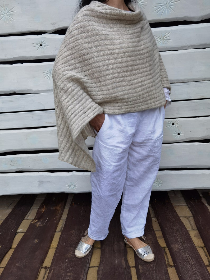 Wool shawl Knitted poncho Elegant shawl Wrap for Women Woolen shawl Knit wrap Off white shawl Handmade Wool cape Chunky image 7