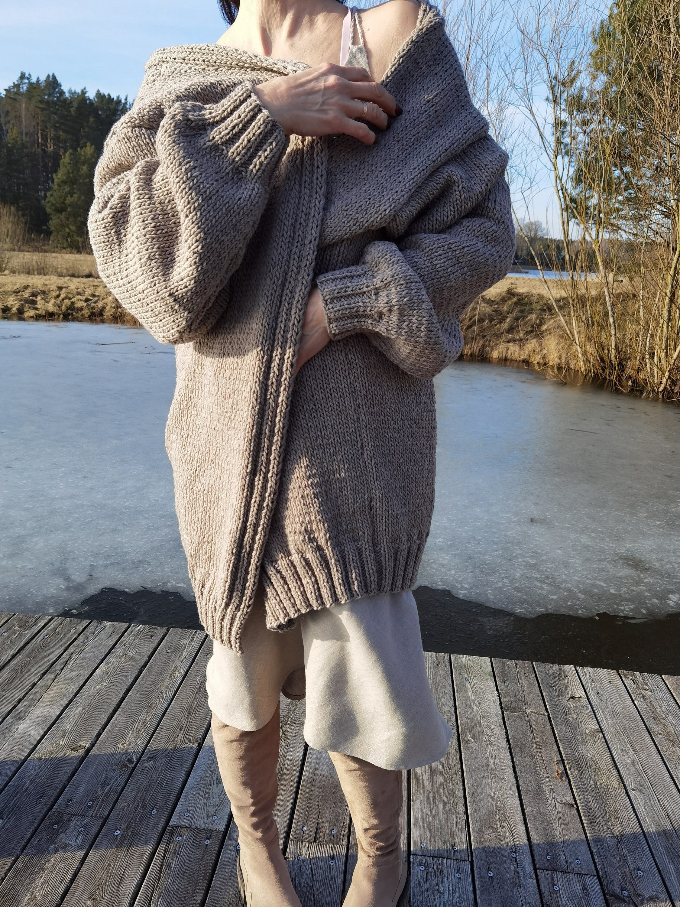 SheepCharm Merino Wool Long Cardigan | Hand Knitted Sweater | Color Beige