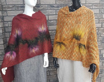 Poncho en laine légère | Mohair poncho | Poncho tricoté femmes | Poncho tricoté | Écharpe avec des fleurs | Poncho de moutarde | Écharpe Bordo | Handmade