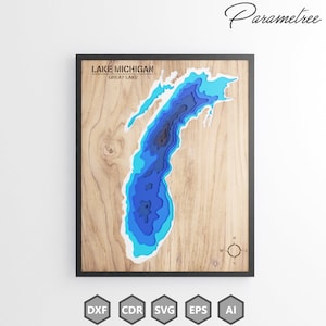 Carte topographique du lac Michigan Great Lake svg modèle dxf fichiers pour la découpe laser cricut fichiers scroll saw layered wall art digital download