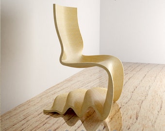 May include: A wooden chair with a unique, flowing design. The chair is made of light wood and has a smooth, polished finish. The chair is sitting on a light brown floor with a wood grain pattern. The chair is a 3D model and is available in a variety of file formats, including DXF, CDR, SVG, EPS, and AI.