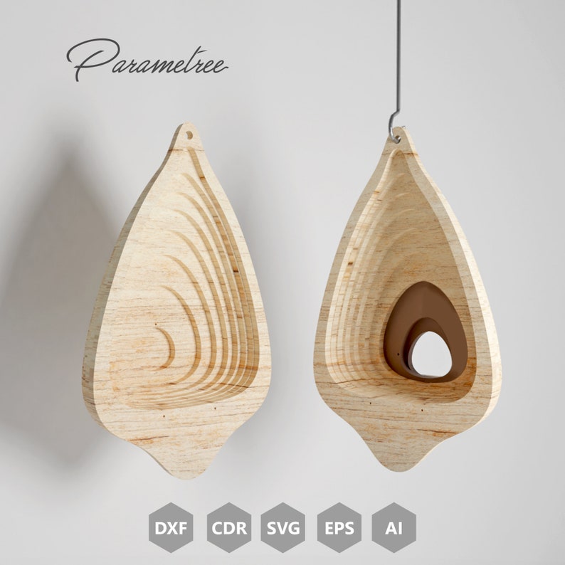 May include: Two wooden, teardrop-shaped hanging planters with layered interior design. The planters are light brown with a natural wood grain. The word "Parametree" is written in cursive. Icons for DXF, CDR, SVG, EPS, and AI are at the bottom.
