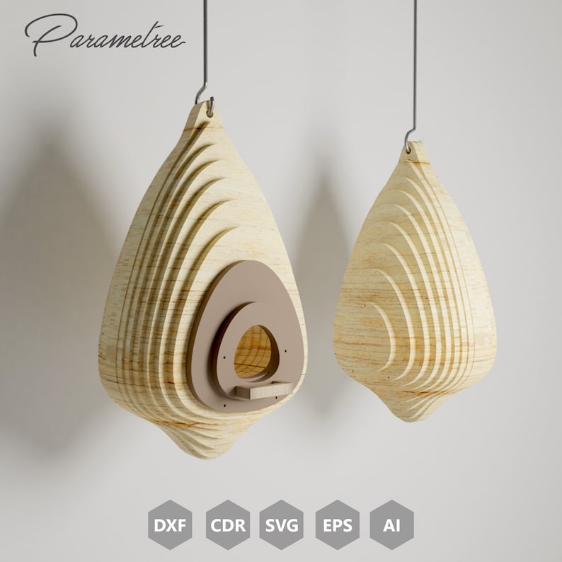 May include: Two wooden birdhouses with a teardrop shape, hanging from thin wires. The birdhouses are made of light-colored wood with a layered design. One has a circular opening and a brown accent piece. The word "Parametree" is in the upper left corner.