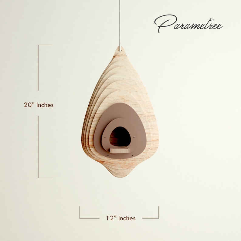 May include: A wooden birdhouse, approximately 20 inches tall and 12 inches wide, with a layered design. The birdhouse has a teardrop shape with a brown interior and a small perch. The text "Parametree" is written in cursive.