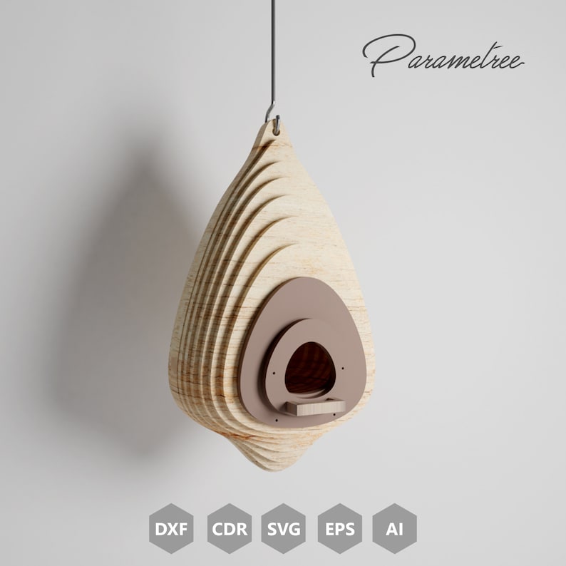 May include: A wooden birdhouse with a teardrop shape, featuring layered, light-colored wood and a brown interior. The birdhouse is suspended by a thin wire and has the word "Parametree" in script. Includes DXF, CDR, SVG, EPS, and AI file type icons.
