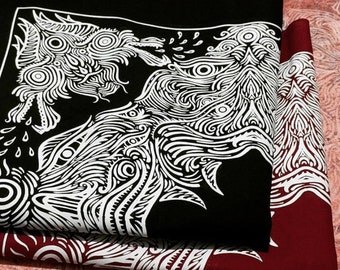 May include: Two black and red bandana scarves with a white, intricate, swirling design. The design features a creature with multiple eyes and a long, flowing tail.