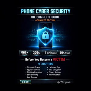 May include: A digital graphic promoting phone cyber security. The image features a smartphone icon with a shield and lock symbol, with the text "PHONE CYBER SECURITY" and "THE COMPLETE GUIDE." Additional text includes statistics and chapter topics.
