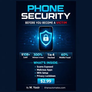 Pode incluir: Um gráfico digital que promove a segurança do telefone, com um ícone de smartphone com um escudo e um cadeado. O texto inclui "SEGURANÇA DO TELEFONE" e "ANTES DE SE TORNAR UMA VÍTIMA". Estatísticas sobre perdas, malware, hacking e fraude são exibidas. O gráfico também lista o que está dentro e o preço.