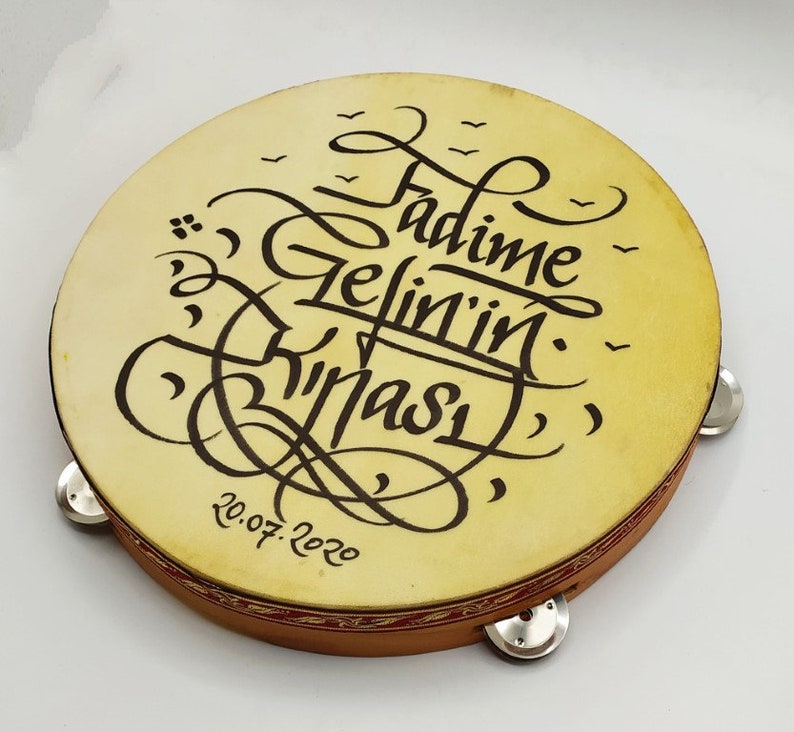 PERSONALIZED Timbrel Tef Tambourine Custom Calligraphy Written. Wooden