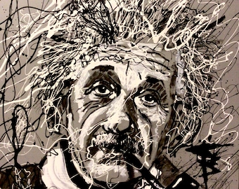 May include: A black and white portrait painting of Albert Einstein with a pipe in his mouth. The background is a grey canvas with black and white lines.