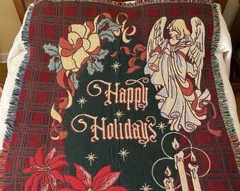 Triple Woven, Cotton Christmas Throw; Happy Holidays with Angel, Candles