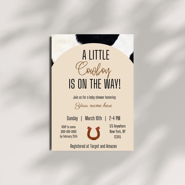 Editable Cowboy Baby Shower Invitation, Printable, Custom Canva Template