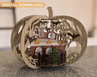 Halloween Pumpkin Project Vector File for Laser Cutter Cut Files Haunted House Mansion 3D Pumpkin Glowforge SVG DXF for Plasma DIY cnc