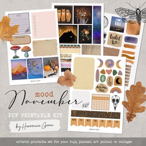 Umore di novembre. Kit autunnale stampabile in PDF per bullet journal, diario d'arte, pianificatore. Moodboard stazionario autunnale.