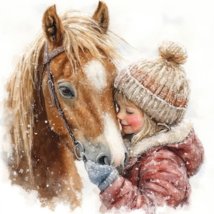 Kind und Pferd Clipart | Aquarell Winter Pferde | Druckbar | Sublimationsdruck & Junk Journals, 20 JPG/PNG