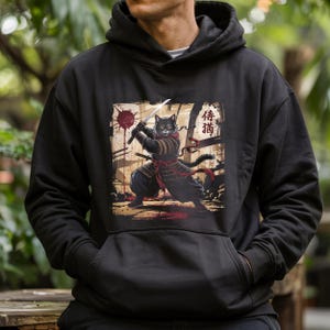 Samurai Cat Hoodie – Japanese Warrior Cat Sweatshirt, Katana Cat Graphic, Vintage Ink Style, Anime Animal Hoodie Gift