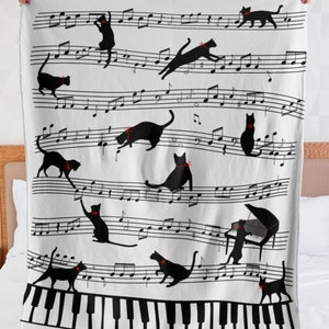 CAT MUSIC BLANKET - Naughty Cat Playing Note Music Blanket - Funny Cat Sherpa Fleece Blanket - Music Blankets - Cat Owners Gifts