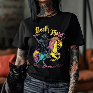 Death Metal Cat Riding a Rainbow Unicorn T-Shirt - Bold Gothic Art, Perfect for Heavy Metal Lovers, Alternative Fashion, and Unique Gifts