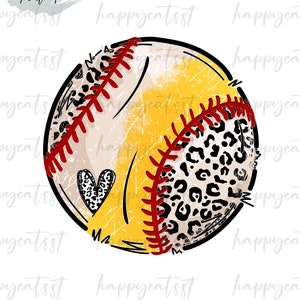 Baseball Softball Leopard Heart PNG - Split Half Baseball Softball PNG Files - Sports Ball Sublimation Design Download - Hand Drawn PNG File