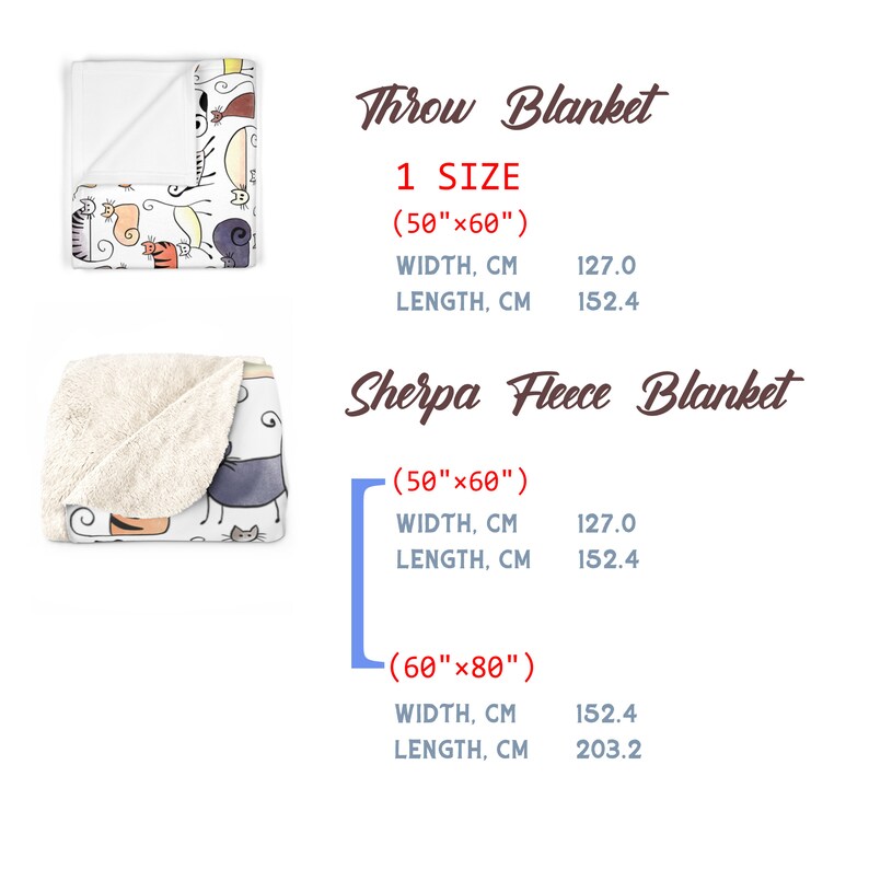 May include: A white throw blanket with a colorful cat design. The blanket is available in two sizes: 50 inches by 60 inches or 60 inches by 80 inches. The blanket is also available in a sherpa fleece option.