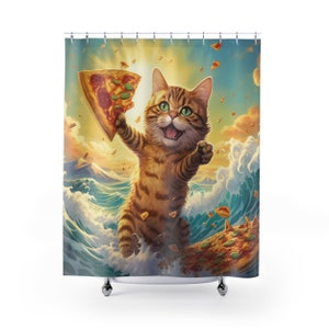 Un gatto sta tenendo una fetta di pizza nella tenda da doccia delle onde dell&#39;oceano - Cat Art Bagno Tende - Cat Decor - Regali per gli amanti dei gatti e della pizza