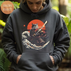 Samurai Cat Hoodie | Japanese Wave Sunset Sweatshirt | Cool Anime Style Cat Apparel | Streetwear Pullover for Cat Lovers