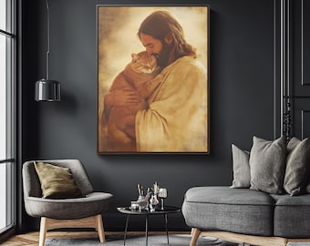 Jesus Hugging Cat Canvas Print: Christian Home Decor