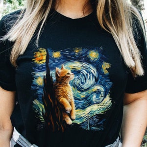 Cat Looking at The Stars in The Night Sky Shirt - Cat Art Shirts - Cat Painting Sweatshirt - Cat Crewneck - Novelty Gifts For Cat Lovers