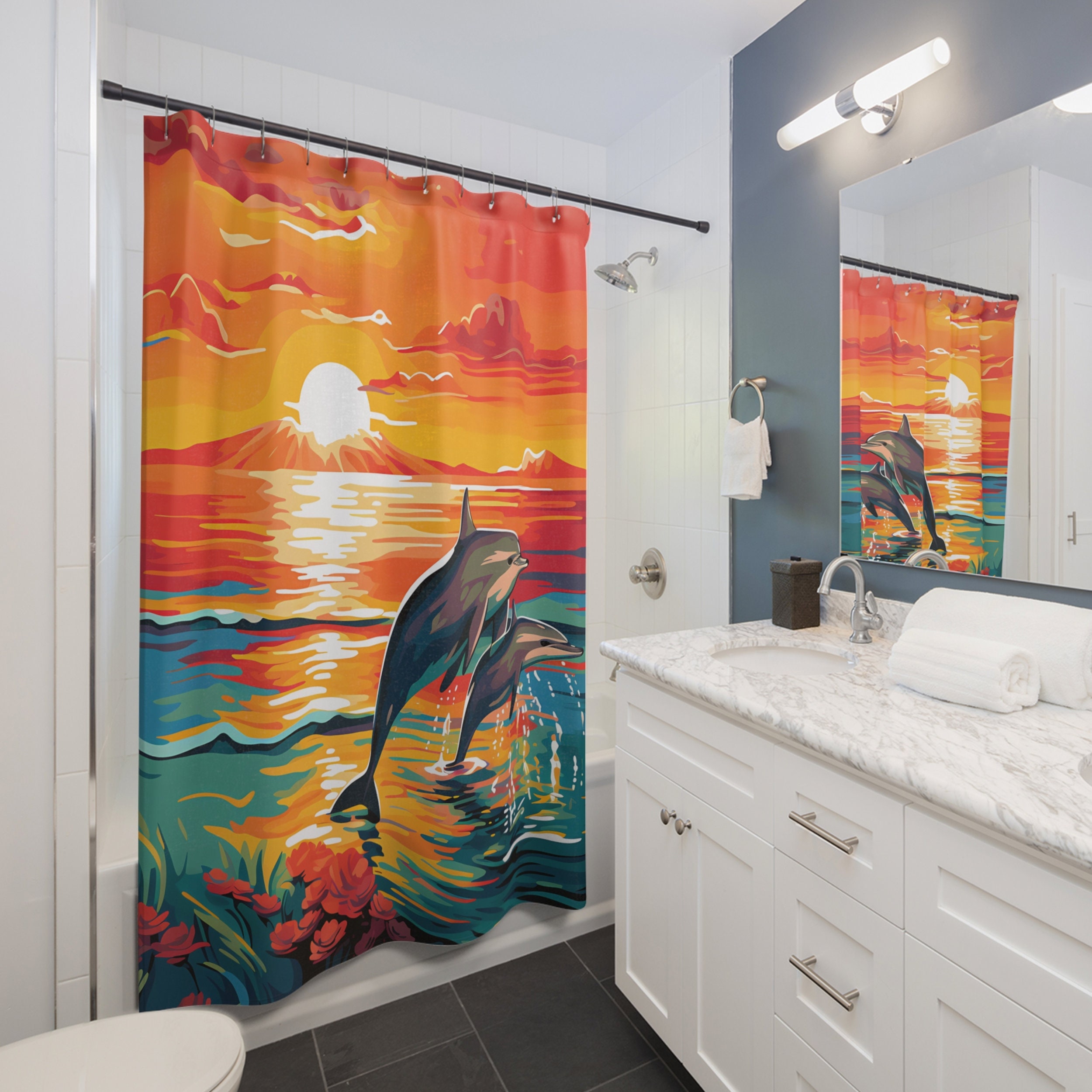 Dolphin Shower Curtain – Sunset Beach Art, Coastal Bathroom Decor - Etsy, image size:2500x2500