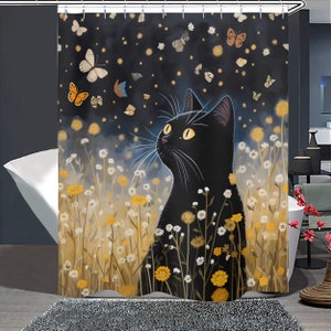 May include: A black cat with yellow eyes sits in a field of yellow and white flowers, looking up at a swarm of colorful butterflies flying in a dark blue sky.