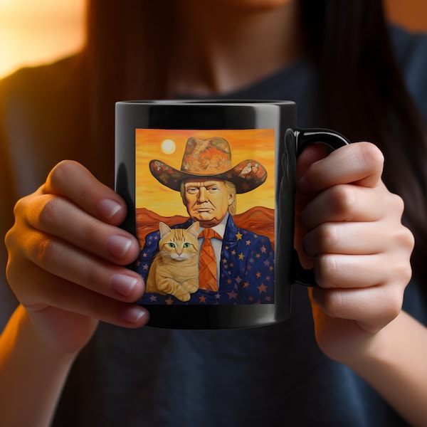 Cowboy Trump With a Cat Coffee Mug - Donald Trump 2024 Mug - Trump Cup Funny - Trump Mugs - Republican Gifts - Trump Gifts Ideas