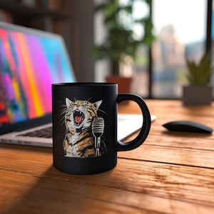 A Cat is Singing in Front of A Microphone Mug - Cat Singer Coffee Cup - Handmade Mugs For Cat and Music Lovers - Music Mug - Cats Mug Funny