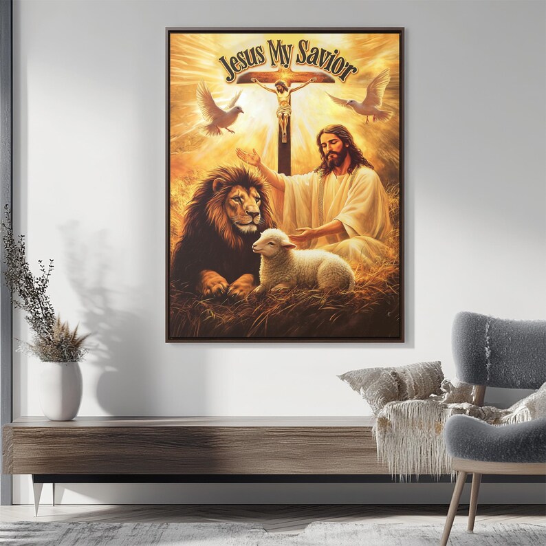 Jesus My Savior Inspirational Christian Art With Lion and Lamb, Faith