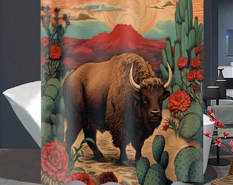 Bison Desert Scene Shower Curtain – Boho Southwestern Decor