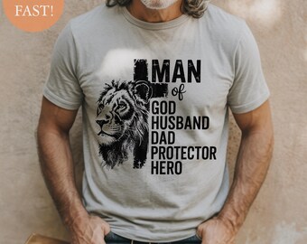 Camiseta con gráfico de león para papá cristiano: esposo, padre y héroe