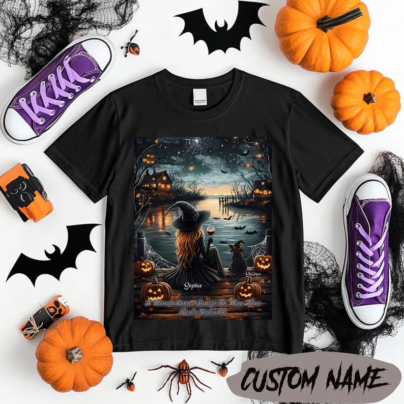 Halloween Witch and Cat Personalized Tshirt Custom Name Halloween Tee