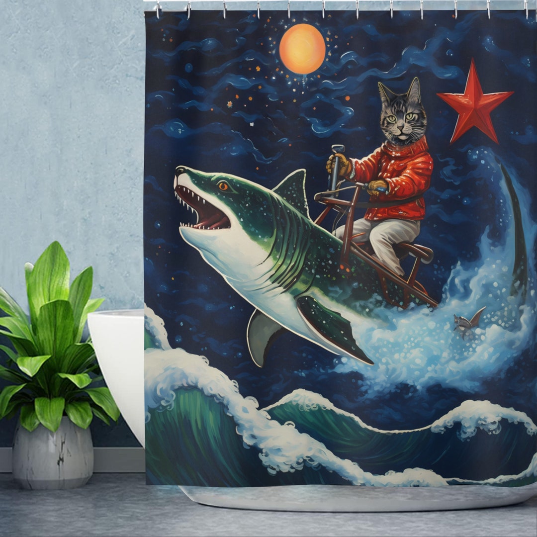 Cat Riding a Shark in Wave Under the Moonlight Shower Curtains - Cat ...